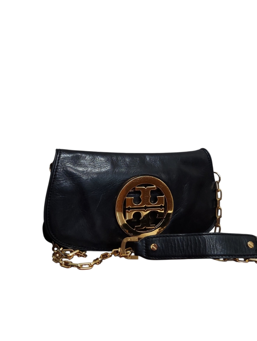 Tory Burch Black Leather Chain Crossbody Clutch with Gold Hardware